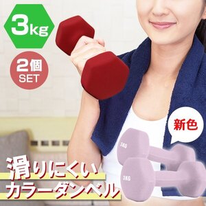 【2個セット/ライラック】滑りにくい カラー ダンベル 3kg 筋トレ エクササイズ 宅トレ シンプル ウエイトトレーニング ダイエット 新品