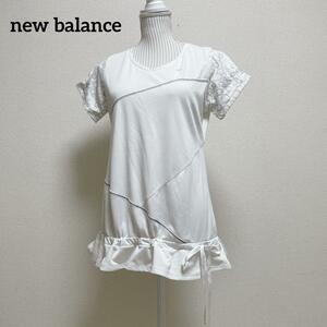 ニューバランス　new balance テニスウェア　チュニック　半袖　リボン　ホワイト　白　Lサイズ 泡柄　清潔感　