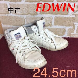 【売り切り!送料無料!】A-251 EDWIN!ハイカットスニーカー!白!24.5cm!グレー!おしゃれ!普段ばき!中古!