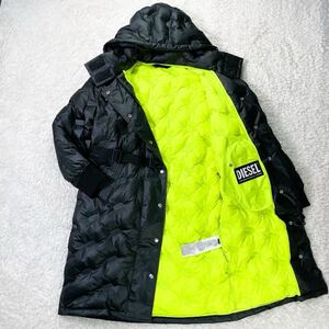 極美品/L相当/現行タグ DIESEL ディーゼル ダウンコート ダウンジャケット ロングコート 光沢感 ロゴ型押し 総柄 黒 ブラック ベルト 極暖