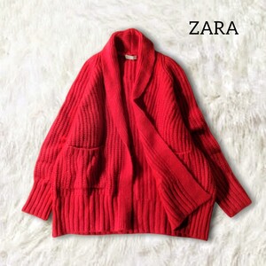 38 【ZARA】 ザラ ゆったり ショールカラー ニット カーディガン ガウン M 赤 レッド オーバーサイズ ローゲージ 長袖 シンプル 無地 秋冬