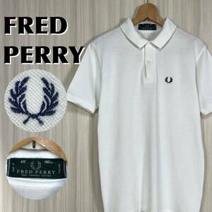 ☆英国製☆UK製☆人気カラー☆FRED PERRY フレッドペリー 刺繍 月桂樹 鹿の子 半袖ポロシャツ サイズ40 ホワイト 白 イングランド製 古着