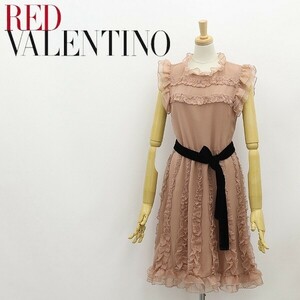 国内正規品◆RED VALENTINO レッド ヴァレンティノ シルク100％ シフォン フリル ベロアリボンベルト付 ノースリーブ ワンピース 40