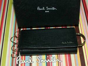 141　新品本物即決　ポールスミス　Paul Smith　牛革　オーバーサイス　4連　キーケース　テールリング付き　箱付き　ブラック　黒