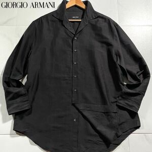 XLサイズ●最高級 ジョルジオ アルマーニ シルク100% 長袖シャツ 羽織り GIORGIO ARMANI 黒タグ 絹 地割れ ヒビエンボス 黒 ブラック