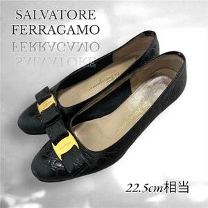 FERRAGAMO フェラガモ　パンプス　ローヒール　リボン　22.5cm 黒 　3397 00775