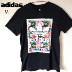 adidas　花柄　ロゴ　プリント　Tシャツ　ブラック　M　アディダス