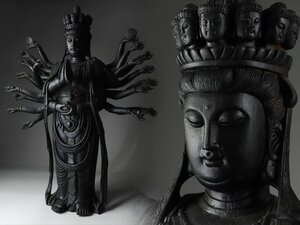 魁◆仏教美術 時代物 木彫 特大 千手観音立像 高さ87㎝ 極上細密彫刻 仏像 置物