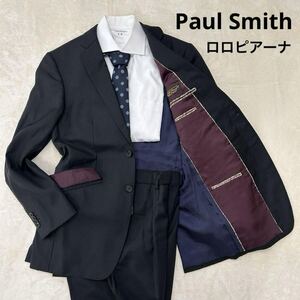 【極美品】ポールスミス ロロピアーナ Paul Smith メンズ セットアップ スーツ 黒 ブラック 裾ダブル M シャドーストライプ 裏地派手 2B