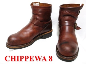 即決 送料無料 CHIPPEWA チペワ ショートエンジニアブーツ 8E 約26cm 茶ブラウン スチールトゥ 白タグ ワークブーツ レザー本革 メンズ