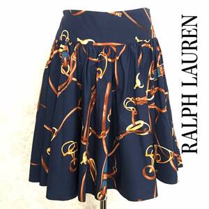 ★ RALPH LAUREN　ラルフローレン 鐙 ベルト 総柄 フレア スカート サイズ 9 ネイビー 紺色 美品 ★ 