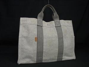 1円 HERMES エルメス フールトゥMM キャンバス シルバー金具 ハンドバッグ トート メンズ レディース アイボリー系×ブラック系 FH3312