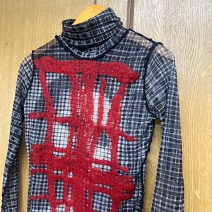 Jean-Paul GAULTIER FEMME パワーネットカットソー メッシュ シースルー 刺繍 ジャンポールゴルチエ ブラックチェック系 サイズ40 digjunkm