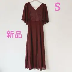 シフォンドレス ワンピース ロング丈 Vネック レース 半袖 ワインレッド S