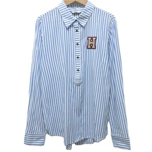 美品 TOMMY HILFIGER トミーヒルフィガー ストライプ柄 Hワッペン 長袖 プルオーバー シャツ ブラウス M ブルー×ホワイト ◆