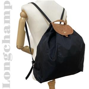 良品 ロンシャン Longchamp リュック ナイロン×レザー 軽量 黒 ブラック