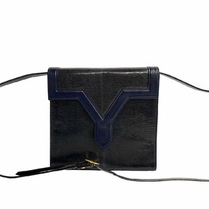 ほぼ未使用 YVES SAINT LAURENT イヴサンローラン YSL ロゴ リザード レザー 本革 ショルダーバッグ ポシェット サコッシュ ネイビー 69550