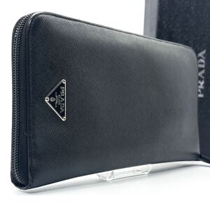 最高級◆極美品◆PRADA プラダ 長財布 オーガナイザー ロングウォレット トライアングル 三角ロゴ シルバーロゴ ブラック 黒 メンズ