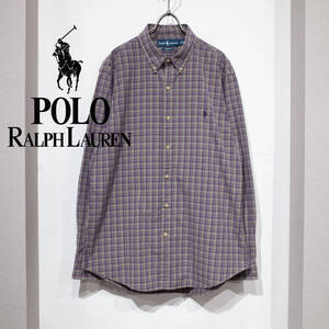 XL（175） / 90s POLO RALPH LAUREN ポロ ラルフローレン スリムフィット B.D コットン 長袖シャツ チェック パープル グリーン 古着