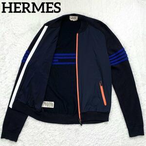 最高級品【未使用級】エルメス HERMES ブルゾン ナイロン カシミヤ混 切替 ネイビー オレンジ ブルー 大きい サイズL メンズ 