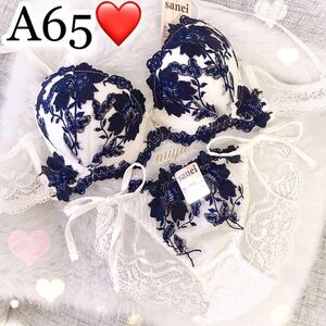  A65M★グラジオラス ホワイト×ネイビー★ブラジャー&ショーツセット★花柄 刺繍 紐パン セクシー レース Aカップ アンダー65 下着★みゆ