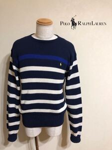 【良品】 Polo Ralph Lauren ポロ ラルフローレン ボーダー ニット コットン セーター トップス サイズLL 長袖 ネイビー 白 青