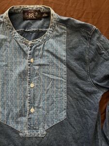 【名作】RRL CALICO INDIGO BAND COLLAR ダブルアールエル 総柄 ウォバッシュ ストライプ バンドカラー ヘンリーネック シャツ XS