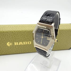 13901-1【美品】RADO/ラドー/腕時計/時計/129.9503.3/QZ/デイト/六角形/スクエア/ブラック文字盤/ゴールド/レザーベルト/箱付き