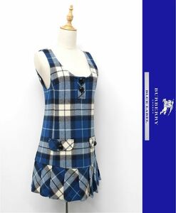 HGDQ244/美品 BURBERRY BLUE LABEL ツイード ノースリーブミニワンピース ドレス ボックスプリーツ チェック ロゴ刺繍 38 M 青 白 三陽商会