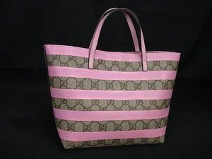 1円 ■美品■ GUCCI グッチ 410812 204991 PVC×レザー ボーダー ハンドバッグ トート レディース ブラウン系×ピンク系 FA9618