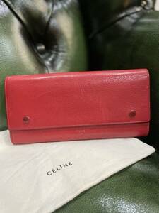 【良品】CELINE セリーヌ フラップ マルチファンクション ロングウォレット ホック式 長財布 赤 レッド 革 レザー 鑑定済【送料無料】