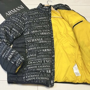 未使用級/XLサイズ●アルマーニ エクスチェンジ ダウンジャケット アウター ARMANI EXCHANGE ダブルジップ ロゴ総柄 裏地イエロー