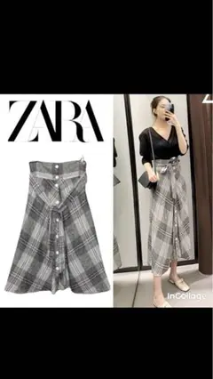 ZARA   リネンチェックスカート