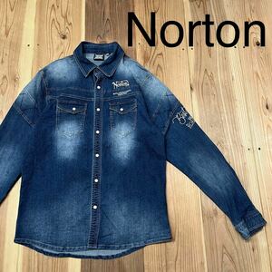 Norton ノートン デニムシャツ ダンガリーシャツ 長袖 両面刺繍ロゴ ライダース バイク イングランドブランド 英国 インディゴ 玉mc3202