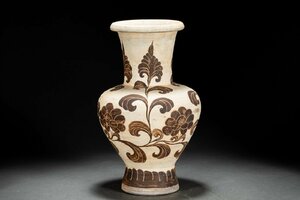 【善古堂】某有名オークション買入 時代物 中国伝来 施釉陶 花卉紋花瓶42CM 花入り 飾瓶 唐物 骨董品 古美術0508-55S01