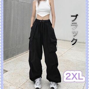 2XL カーゴパンツ ブラック ワイドパンツ ストリート 韓国 原宿風 ユニセックス メンズ
