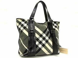 1円 ■美品■ BURBERRY バーバリー ナイロン×パテントレザー チェック柄 トートバッグ ハンドバッグ ショルダー ブラック系 FG1170