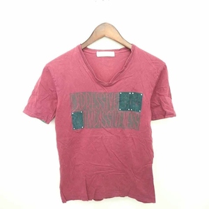 タケオキクチ TAKEO KIKUCHI Tシャツ カットソー Vネック 英字 プリント 綿 コットン 半袖 1 赤紫 ワインレッド /TT18 メンズ