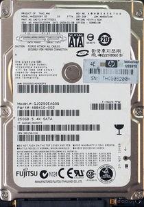 富士通 MHZ2250BS G2 HP GJ0250EAGSQ 2.5インチ 9.5mm SATA 250GB 14回 64969時間