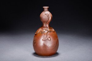 【善古堂】某有名オークション買入 時代物 備前焼 花卉紋瓢箪瓶 花入 花生 和風インテリ 骨董品 古美術0925-108S03　