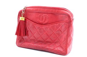 【ト石】 CHANEL ラムスキン マトラッセ ポーチ フリンジ レザー レッド ココマーク ヴィンテージ 0番台 EAZ01EWH43