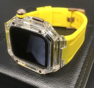 zc rg クリア イエロー★アップルウォッチバンド ラバーベルト カバー　Apple Watch クリア ケース 40mm 41mm 44mm 45mm 4ネジ