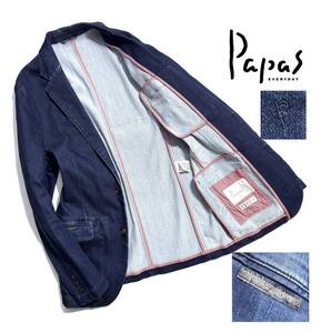 最高級【定価7万】Papas パパス デニム テーラードジャケット 48(M) L相当 ストレッチ Pロゴ刺繍 インディゴ【クリーニング済】日本製