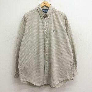 XL/古着 ラルフローレン 長袖 ブランド シャツ メンズ 90s ワンポイントロゴ BLAKE 大きいサイズ ロング丈 コットン ボタンダウン ベージュ