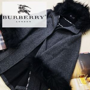 h60 綺麗◎美しいAラインシルエット　参考価格14万●BURBERRY BLUE LABEL●Aラインファーポンチョ風コートバーバリーコート 38 M