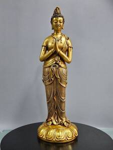 旧蔵 明 永樂年製 紫銅塗真金 手工鏨花觀音 供像 仏像 古銅 銅製品 銅器 極細工 稀少珍品 人間國寶 古美術 古美味 L1011