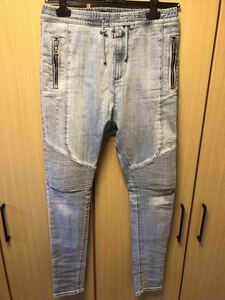 国内正規 19SS BALMAIN バルマン デニム地 蛇腹 バイカー クラッシュ ダメージ 加工 スウェット パンツ 28 RH15627D036