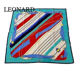 【1円～】LEONARD レオナール 大判スカーフ シルク100％ 水色系