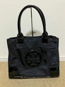 H422-①☆送料無料☆TORY BURCH/トリーバーチ エラ ナイロン×パテントレザー ハンドバッグ トートバッグ レディース メンズ ブラック 中古