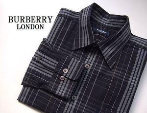 ●BURBERRY LONDON バーバリー ロンドン ホース刺繍 チェック 長袖シャツ L ネイビー系 三陽商会 コットン100% 日本製